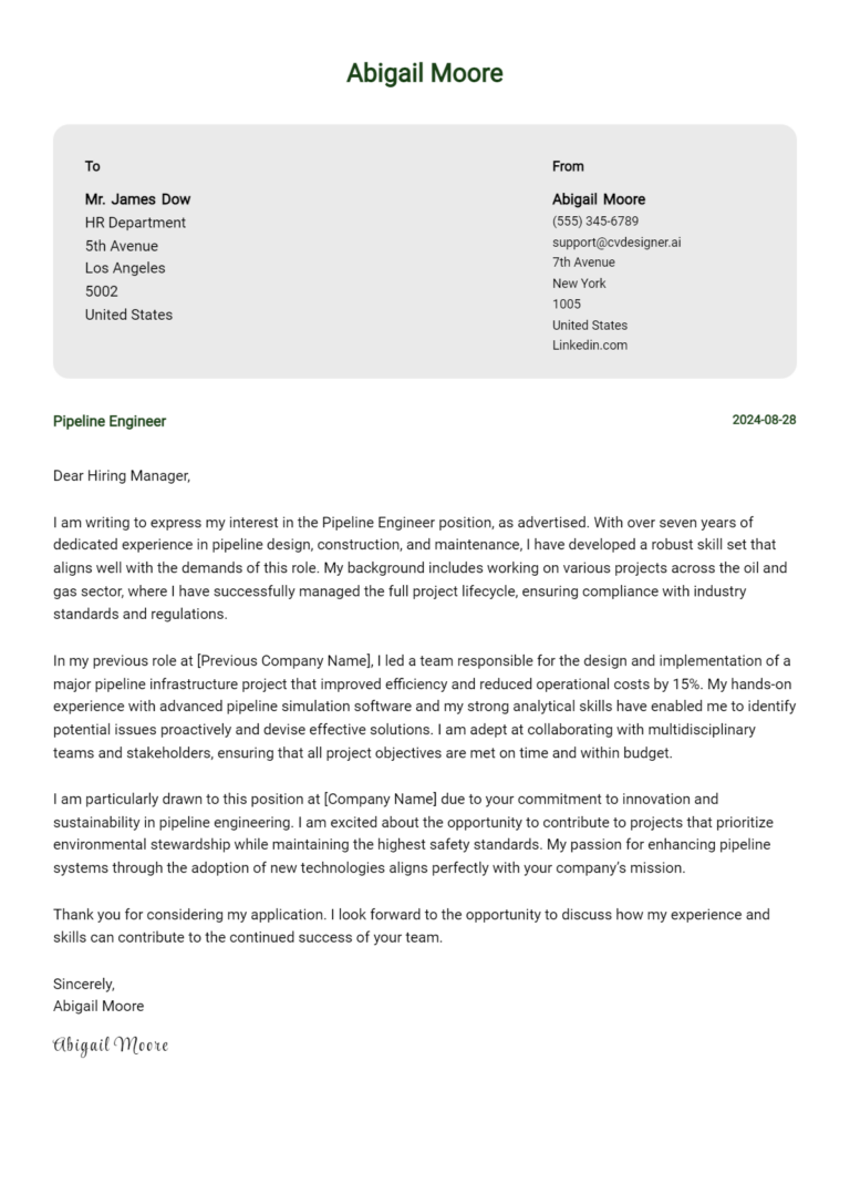 Pipeline Engineer Cover Letter Examples for 2025 (Downloadable)