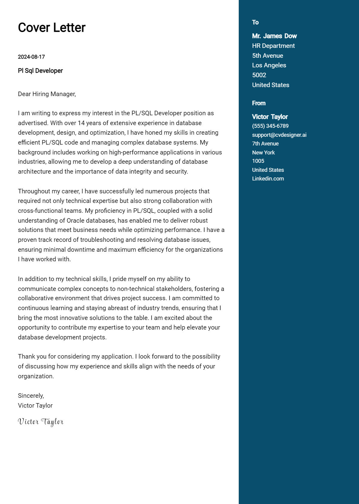 pl sql developer cover letter example