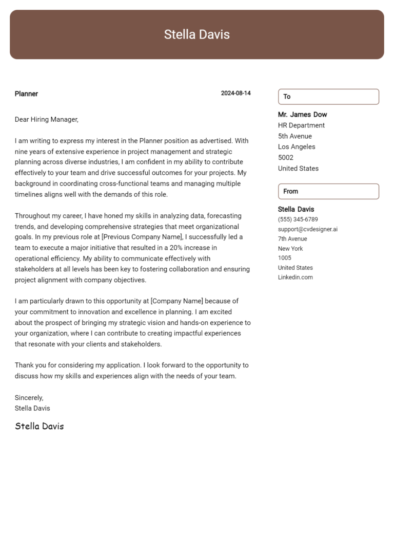 Planner Cover Letter Example for 2025 (Writing Guide)