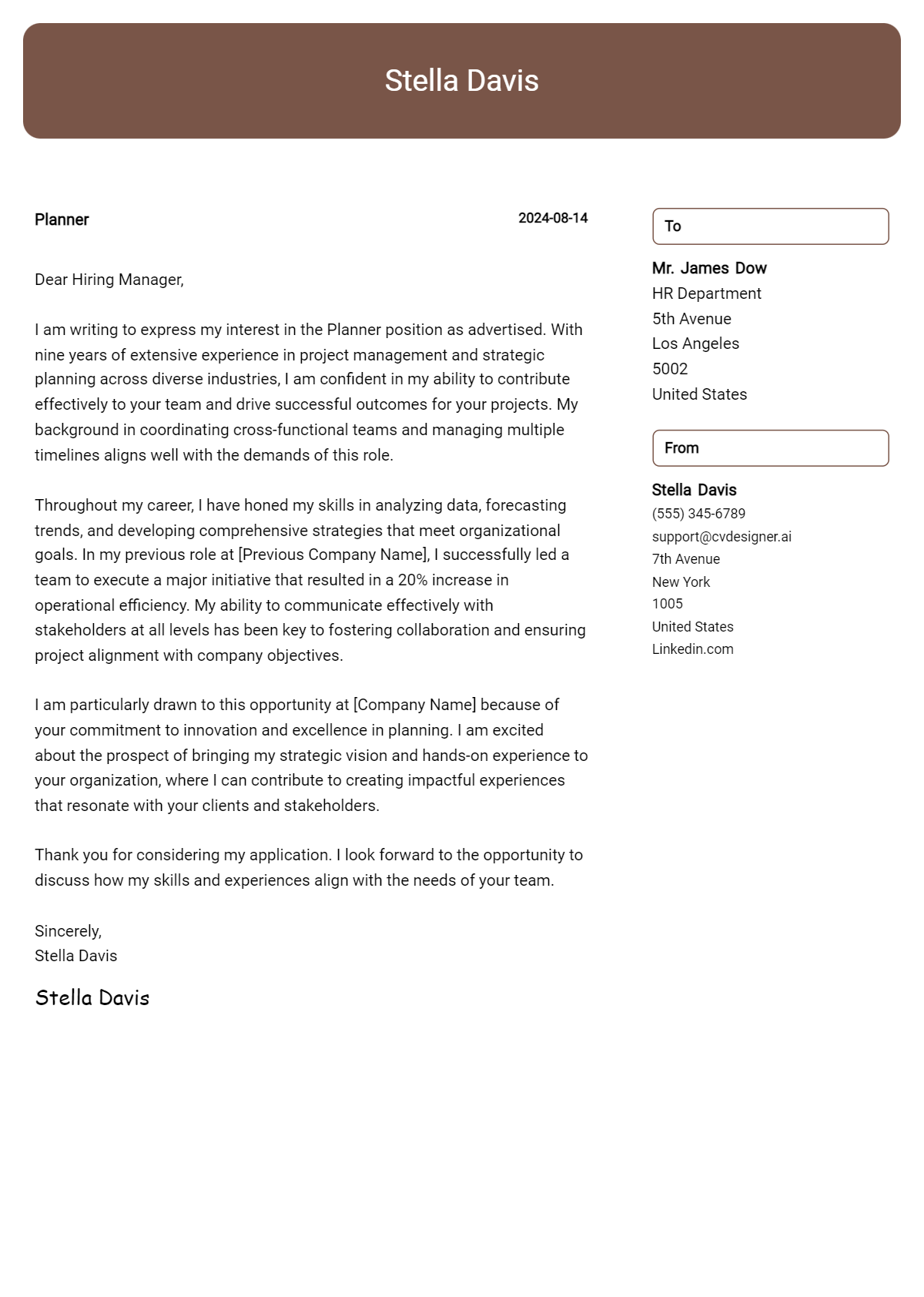planner cover letter example