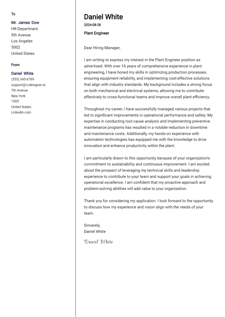 Plant Engineer Cover Letter Example for 2025: Top CV Skills
