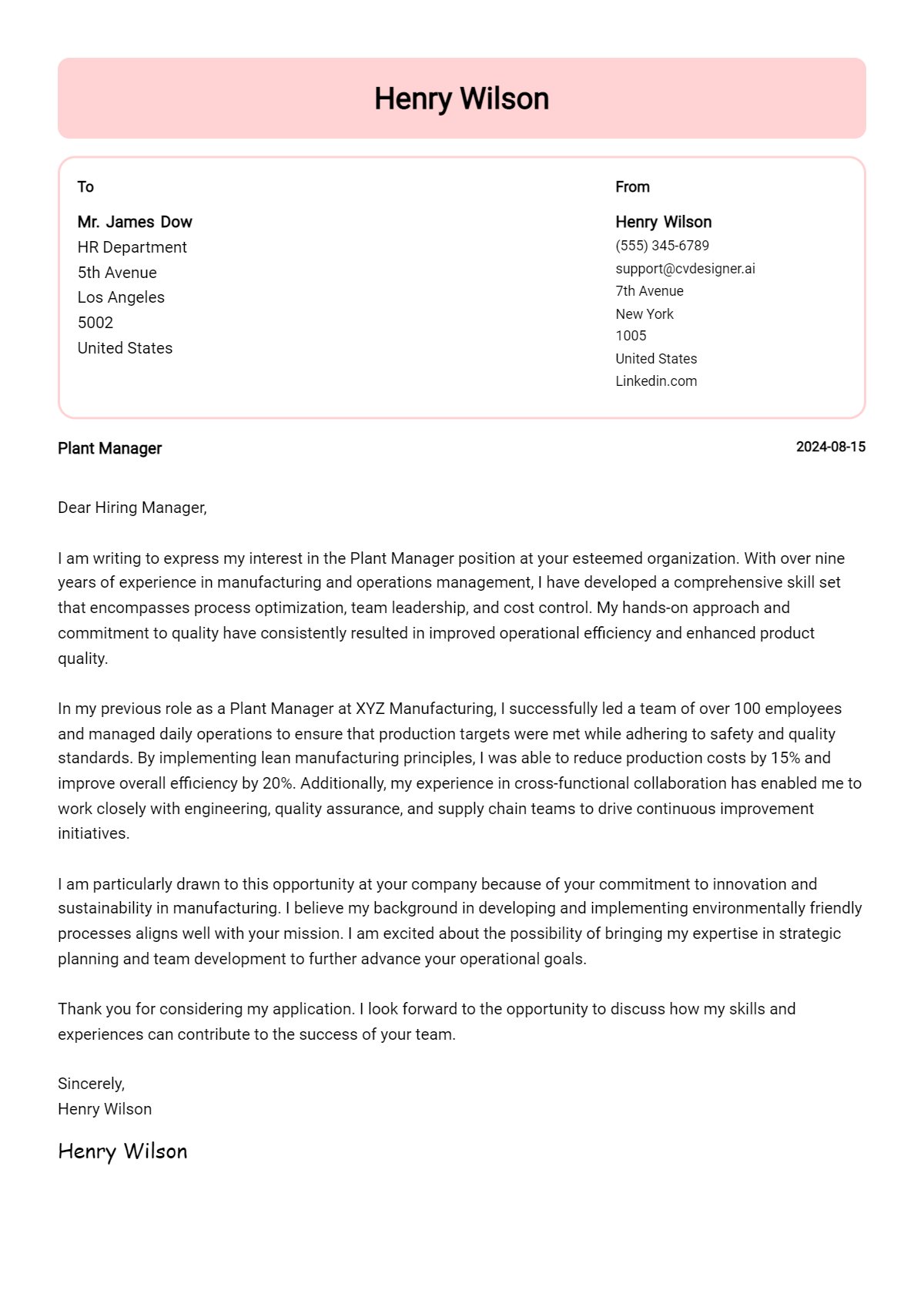 plant manager cover letter example