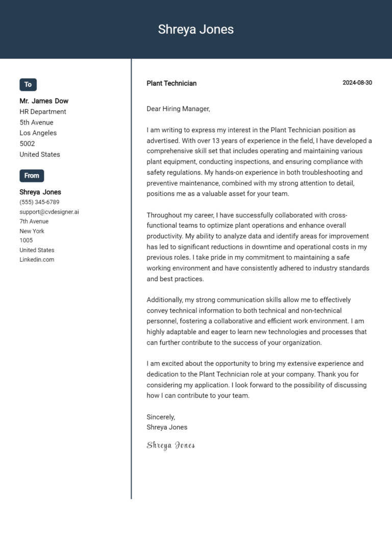 Plant Technician Cover Letter Example for 2025: Free Templates