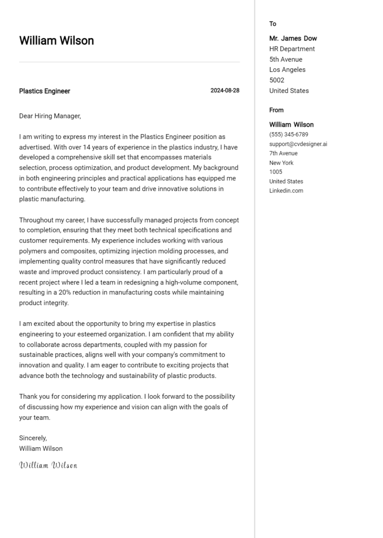 Plastics Engineer Cover Letter Examples & Samples for 2025