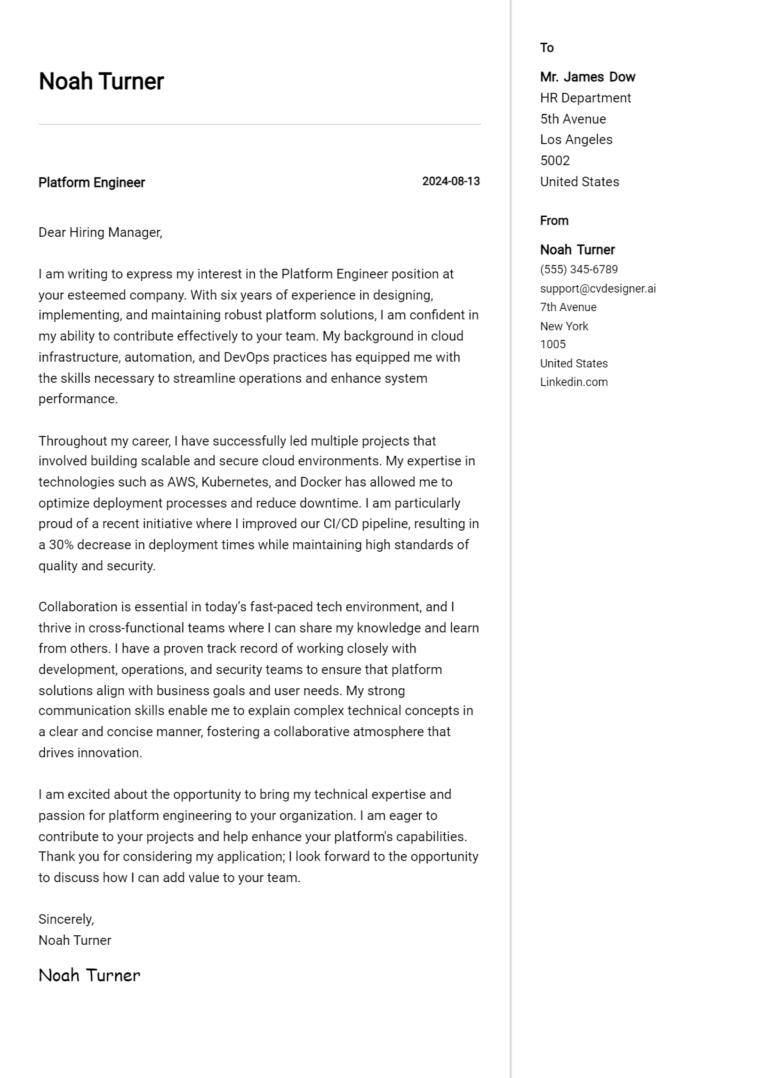 Platform Engineer Cover Letter Examples & Samples for 2025