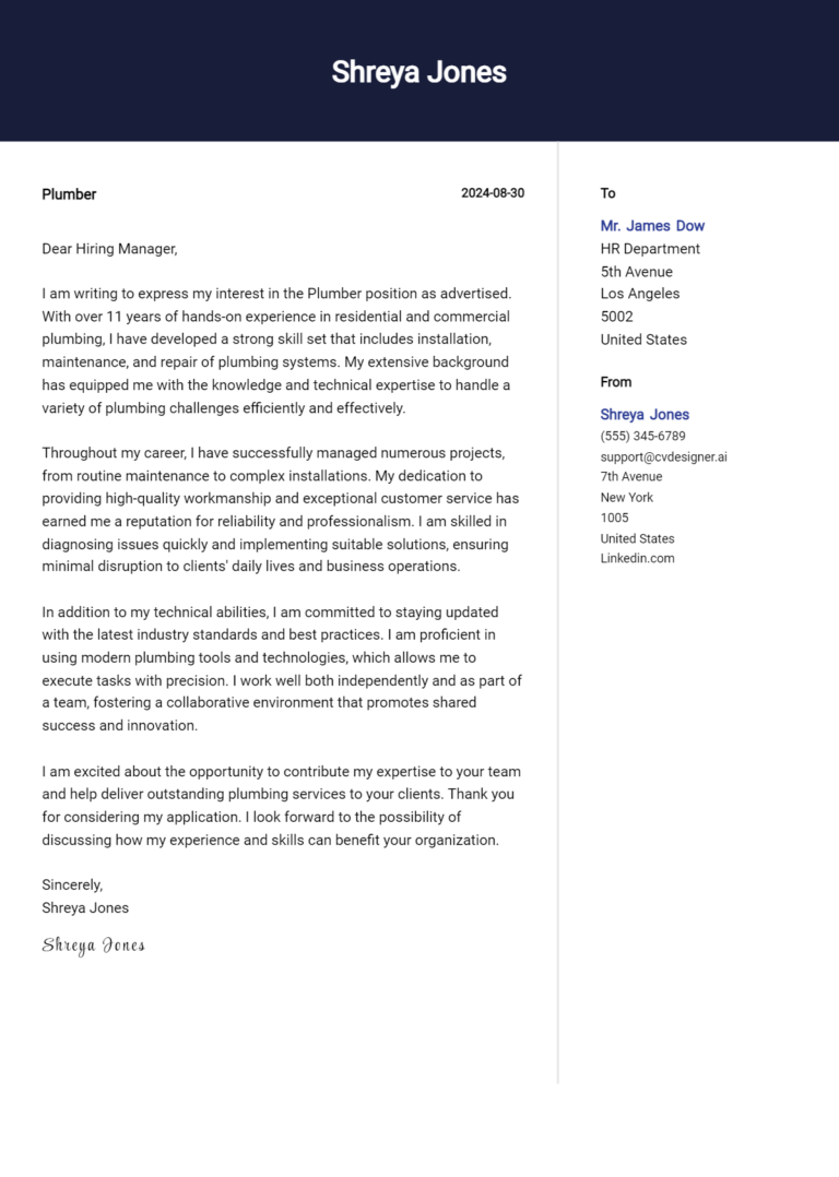 Plumber Cover Letter Examples & Samples for 2025