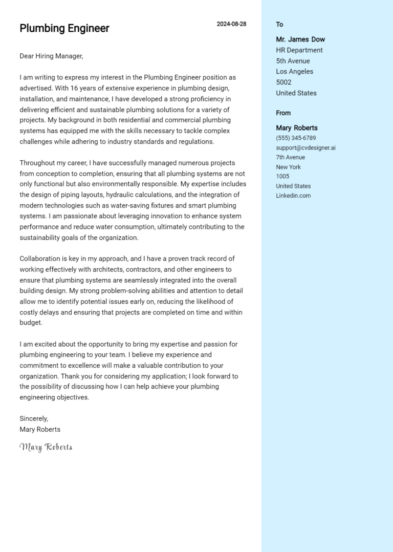 Plumbing Engineer Cover Letter Examples & Samples for 2025