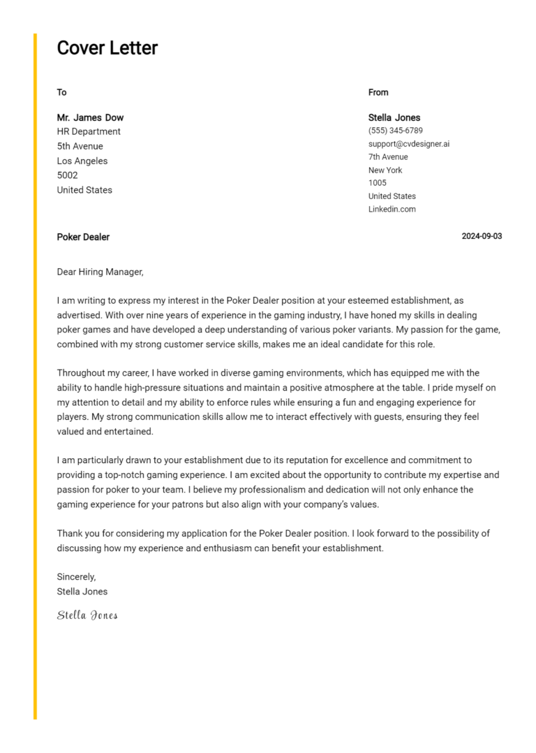 Poker Dealer Cover Letter Example for 2025: Free Templates 1 Poker Dealer Cover Letter Example for 2025: Free Templates