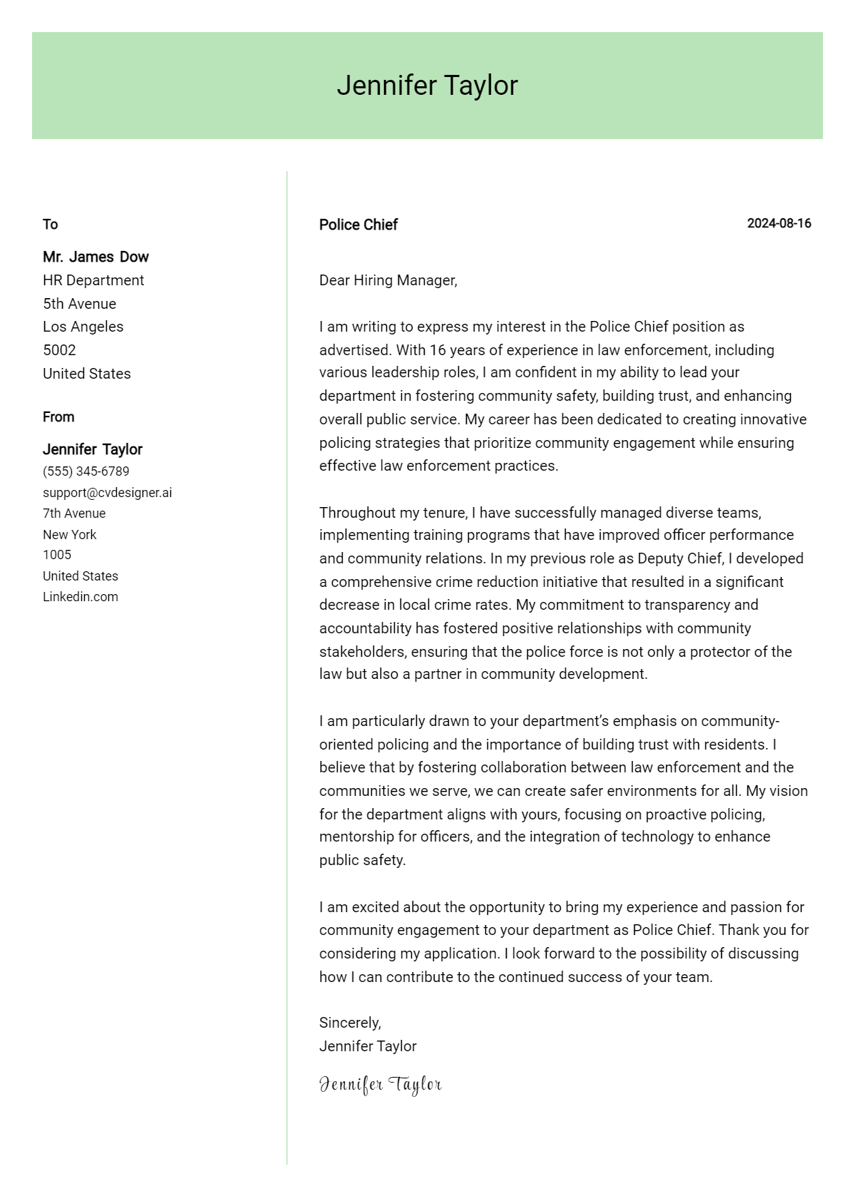 police chief cover letter example