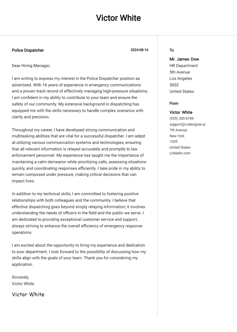 Police Dispatcher Cover Letter Example for 2025 (Writing Guide)