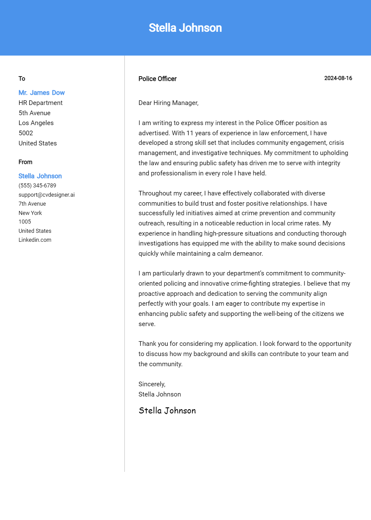 police officer cover letter example