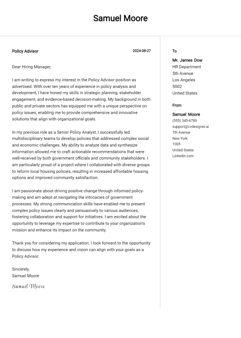 Policy Advisor Cover Letter Example for 2025: Tips & Templates