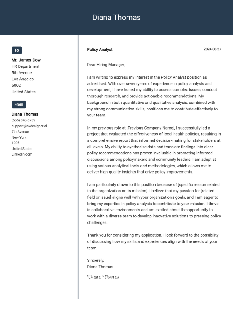 Policy Analyst Cover Letter Example for 2025 (Download Templates)
