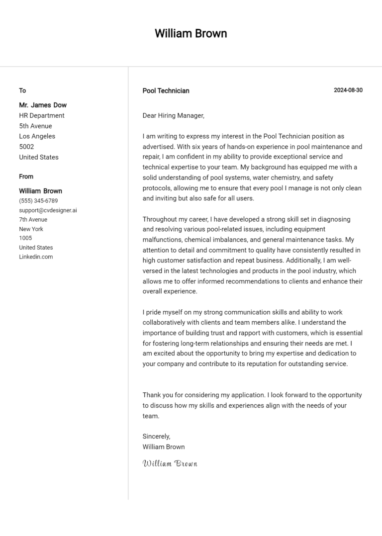 Pool Technician Cover Letter Example for 2025 (Download Templates)