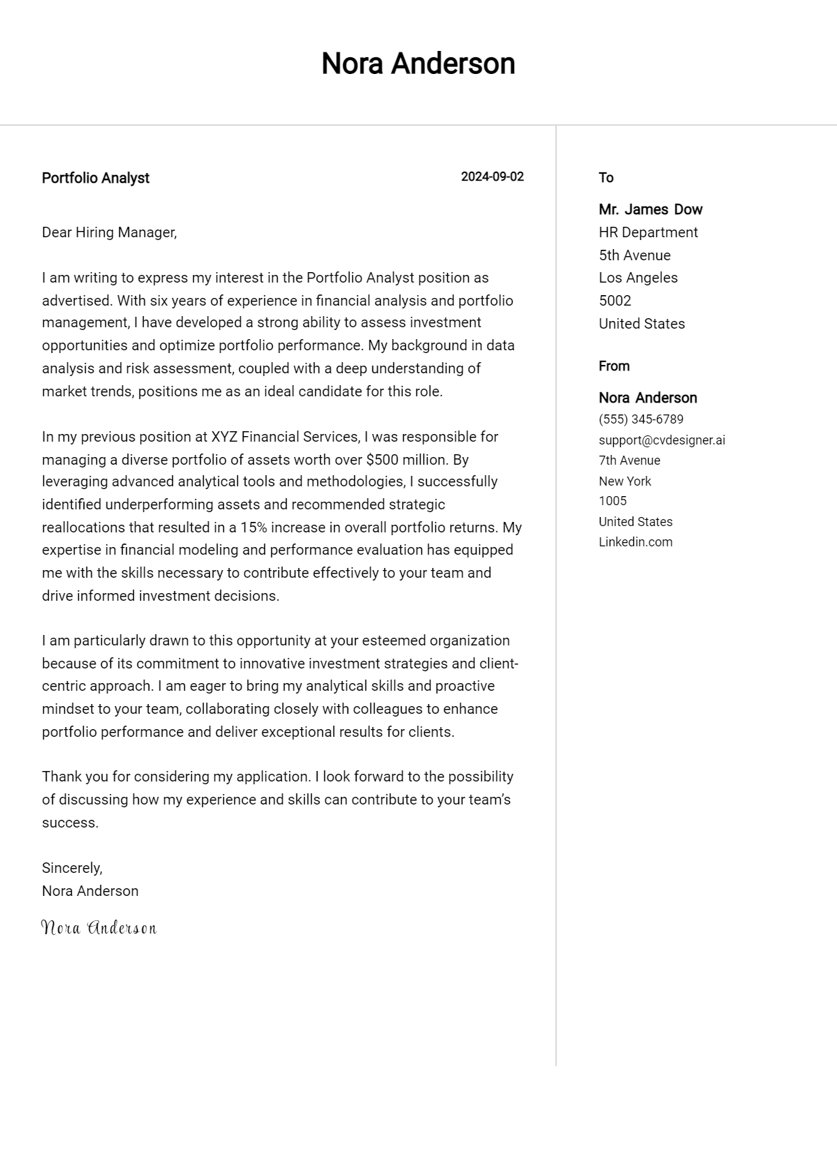 portfolio analyst cover letter example