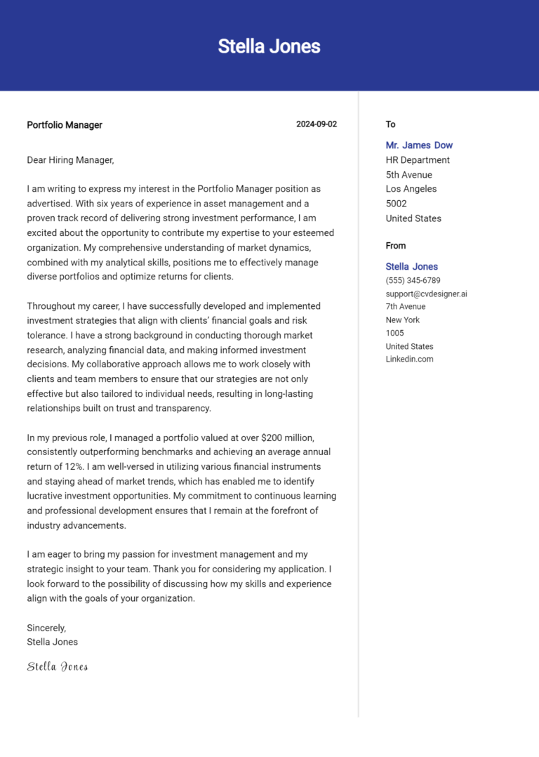 Portfolio Manager Cover Letter Examples & Samples for 2025
