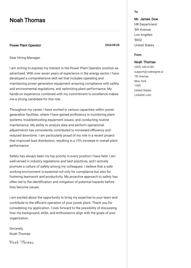 Power Plant Operator Cover Letter Examples & Samples for 2025