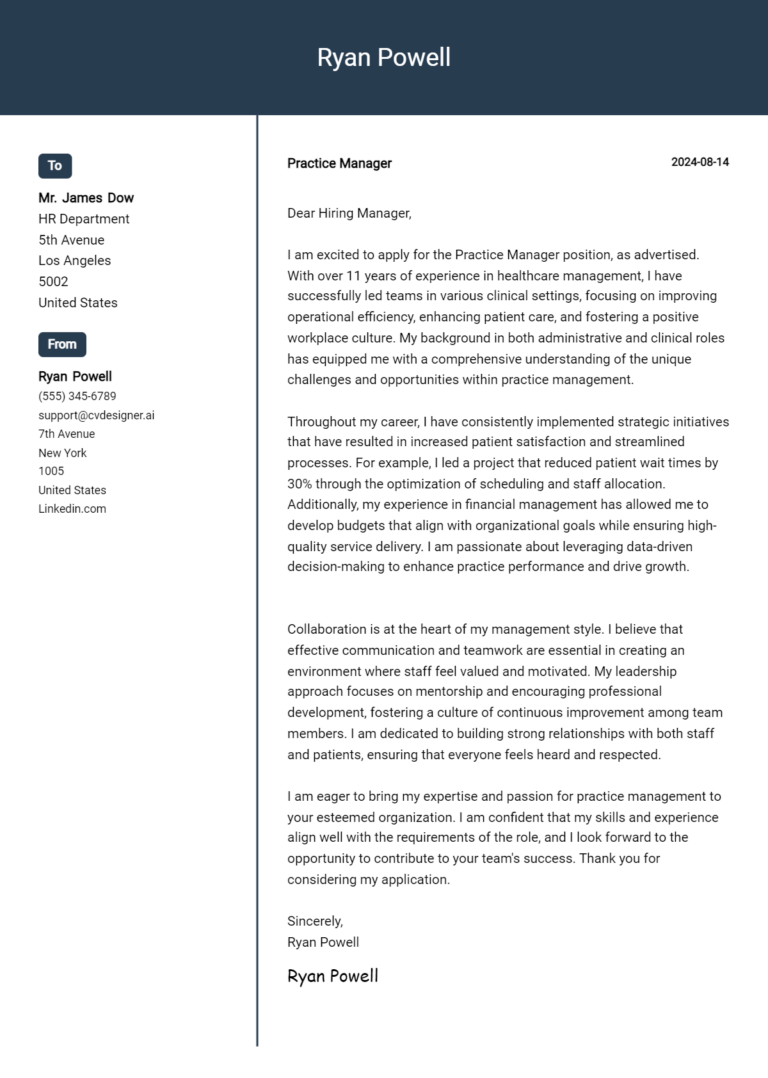 Practice Manager Cover Letter Example for 2025: Expert Tips & Templates 1 Practice Manager Cover Letter Example for 2025: Expert Tips & Templates