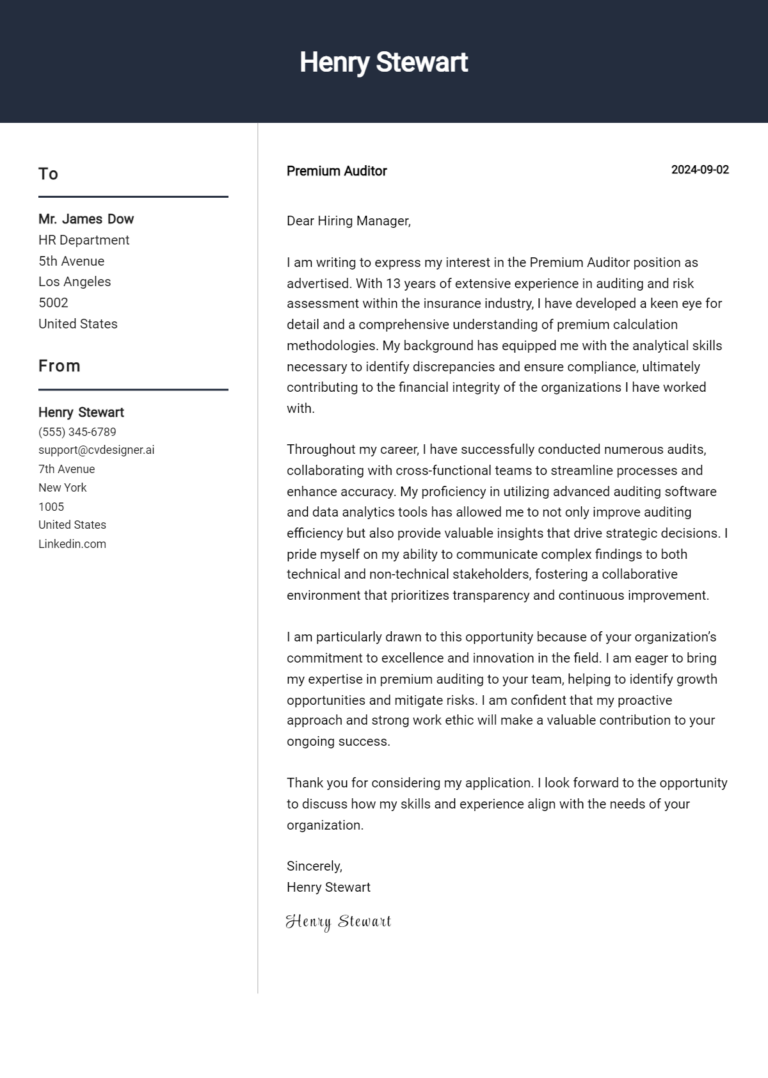 Premium Auditor Cover Letter Example for 2025 (Download Templates) 1 Premium Auditor Cover Letter Example for 2025 (Download Templates)