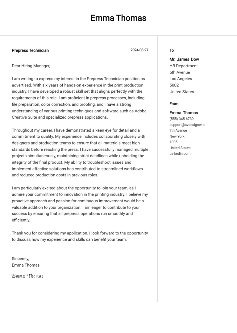 Prepress Technician Cover Letter Example for 2025 (Download Templates)