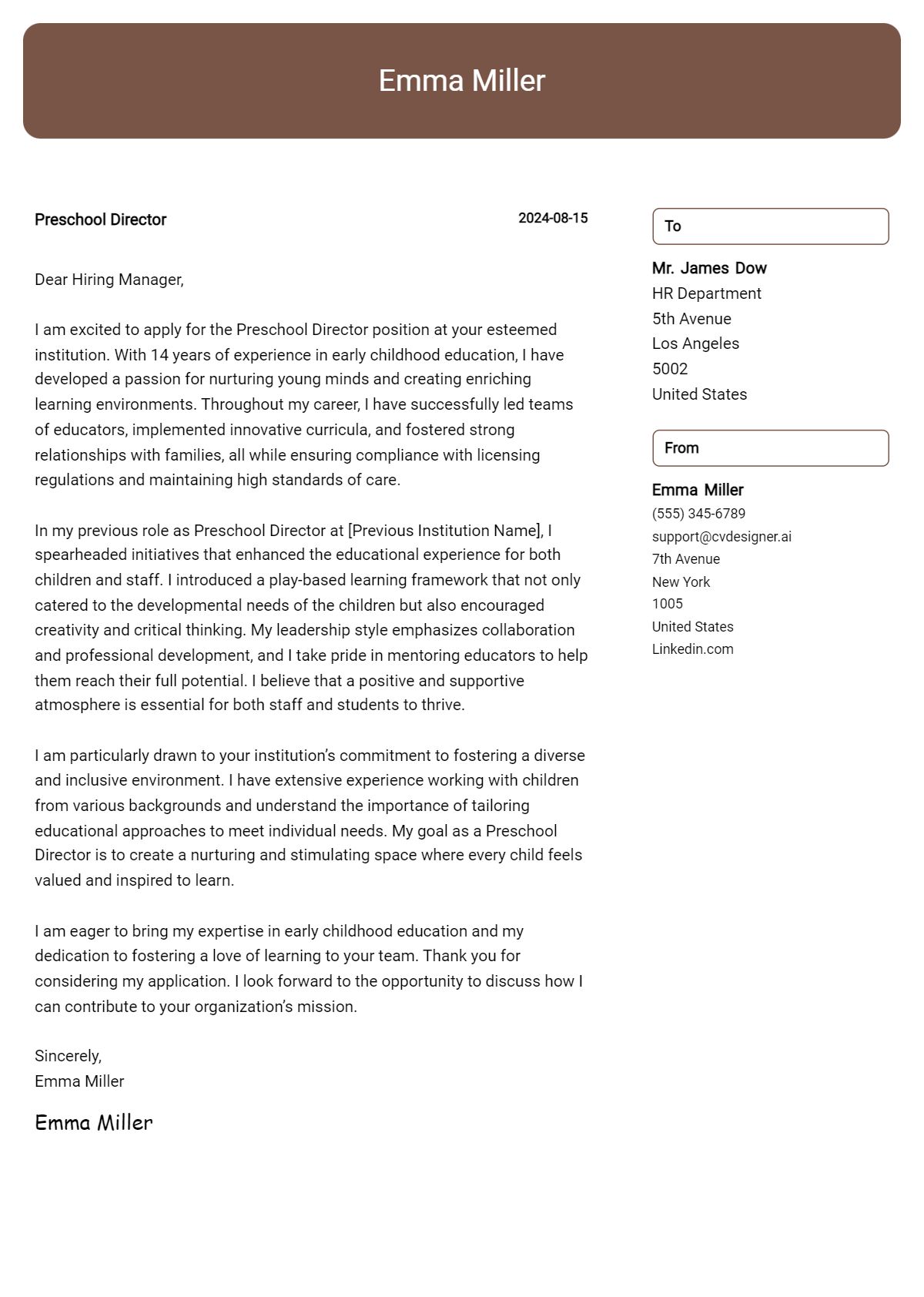 preschool director cover letter example