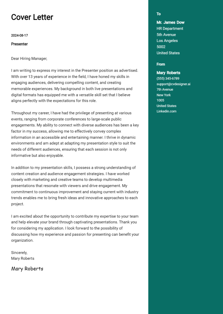 Presenter Cover Letter Examples & Samples for 2025