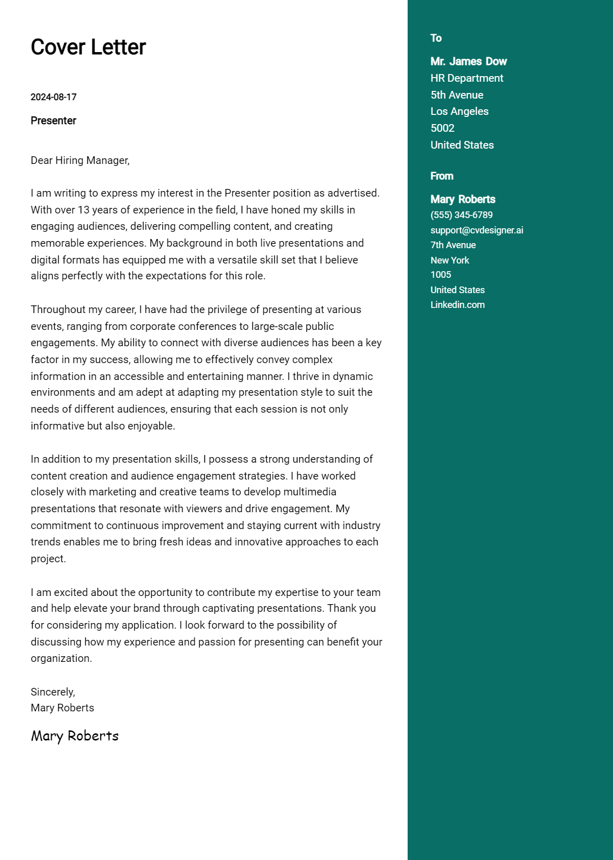 presenter cover letter example