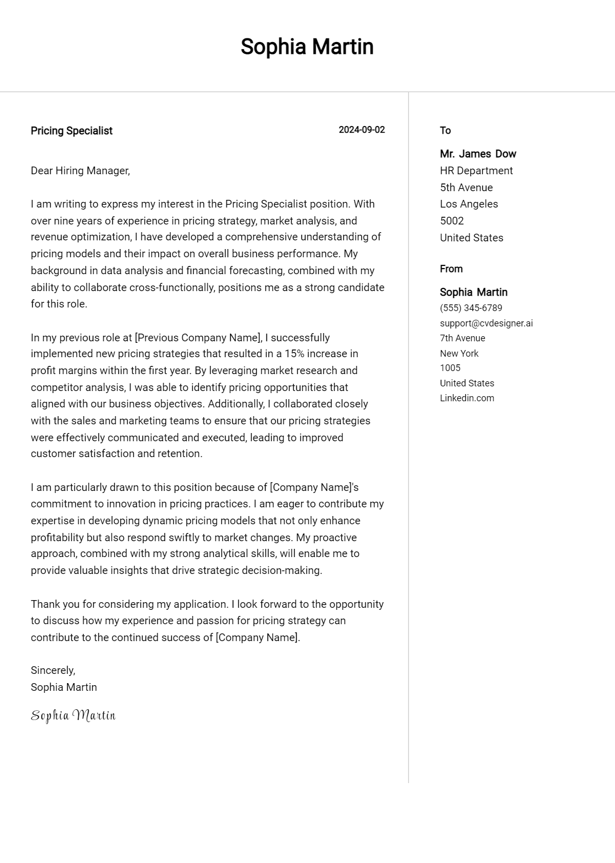 pricing specialist cover letter example