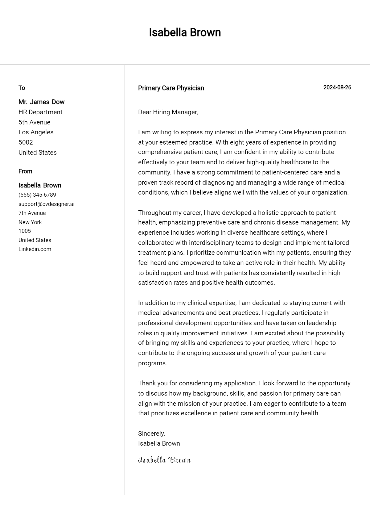 primary care physician cover letter example