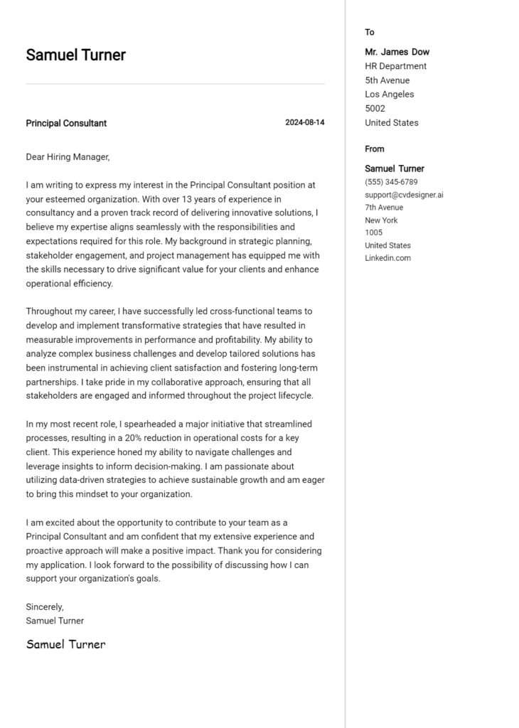 principal consultant cover letter example