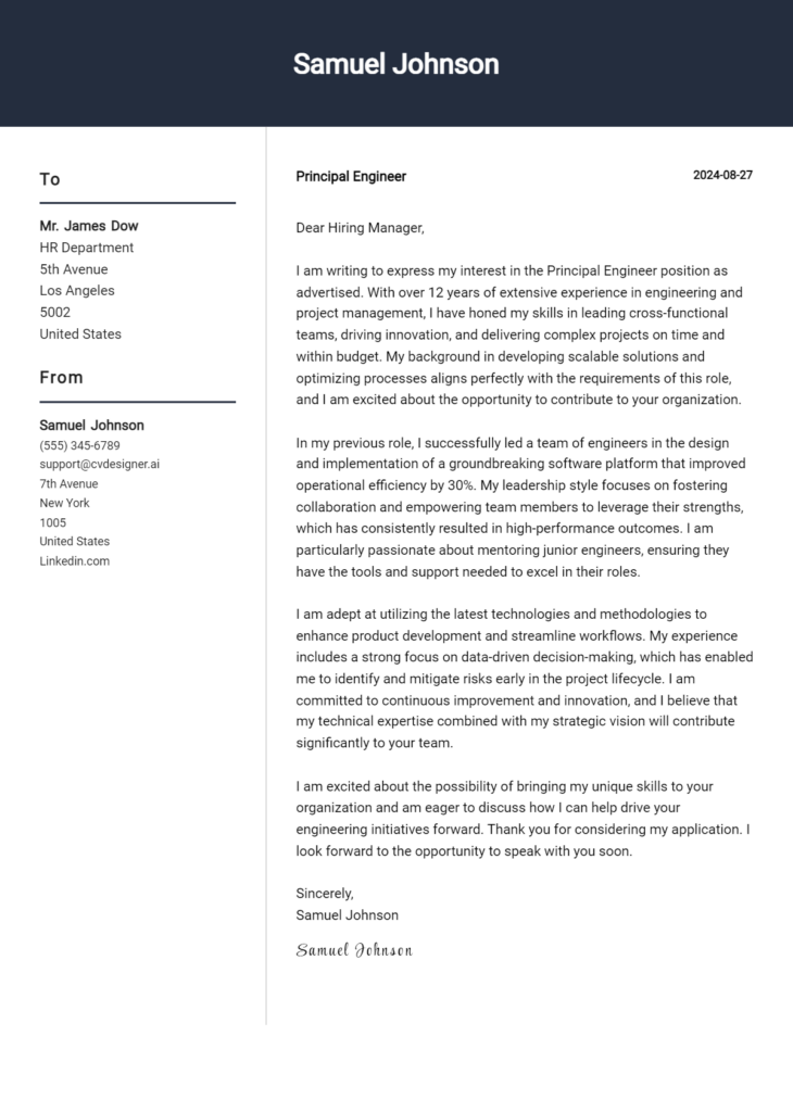 principal engineer cover letter example