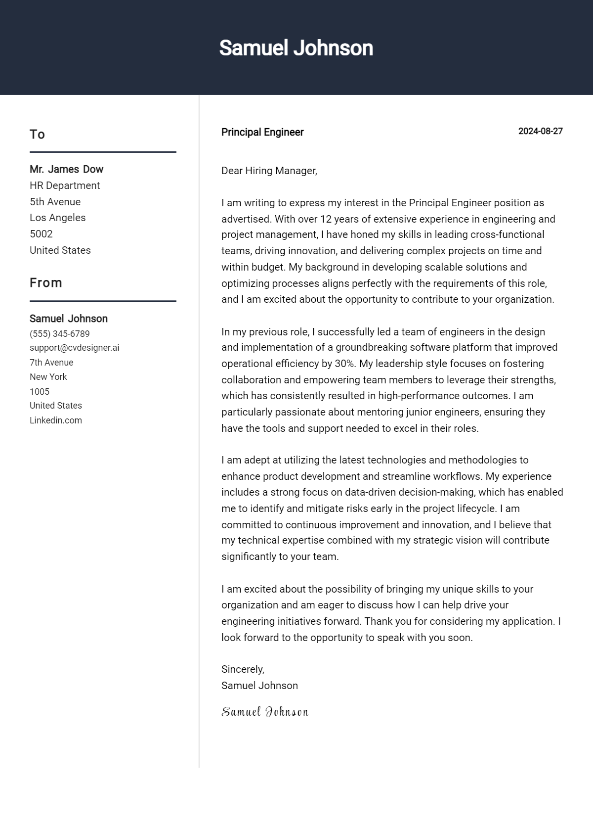 principal engineer cover letter example