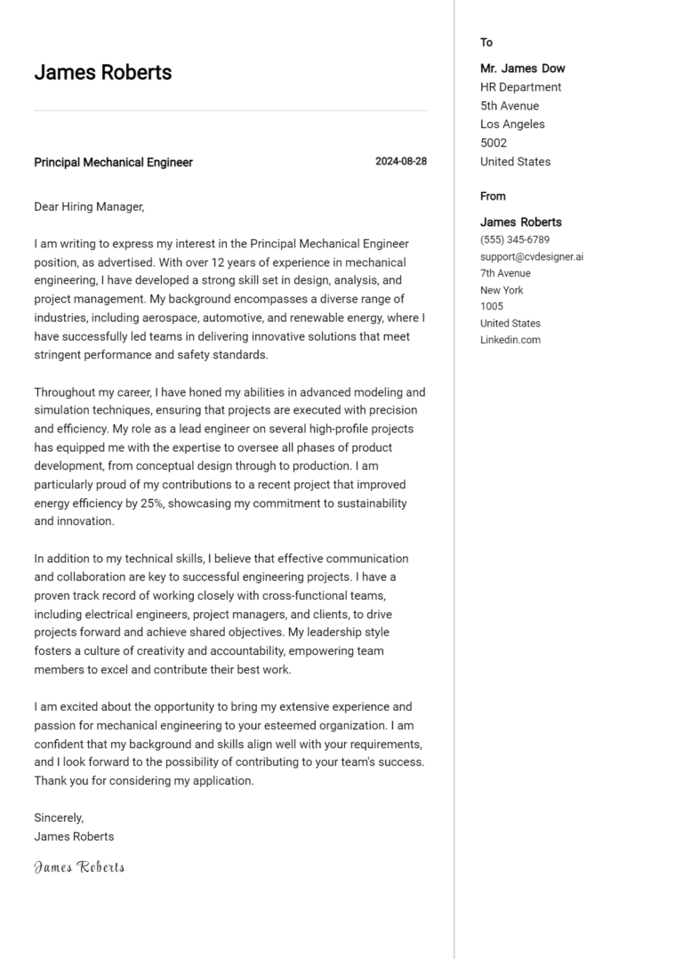 Principal Mechanical Engineer Cover Letter Example for 2025: Free Templates