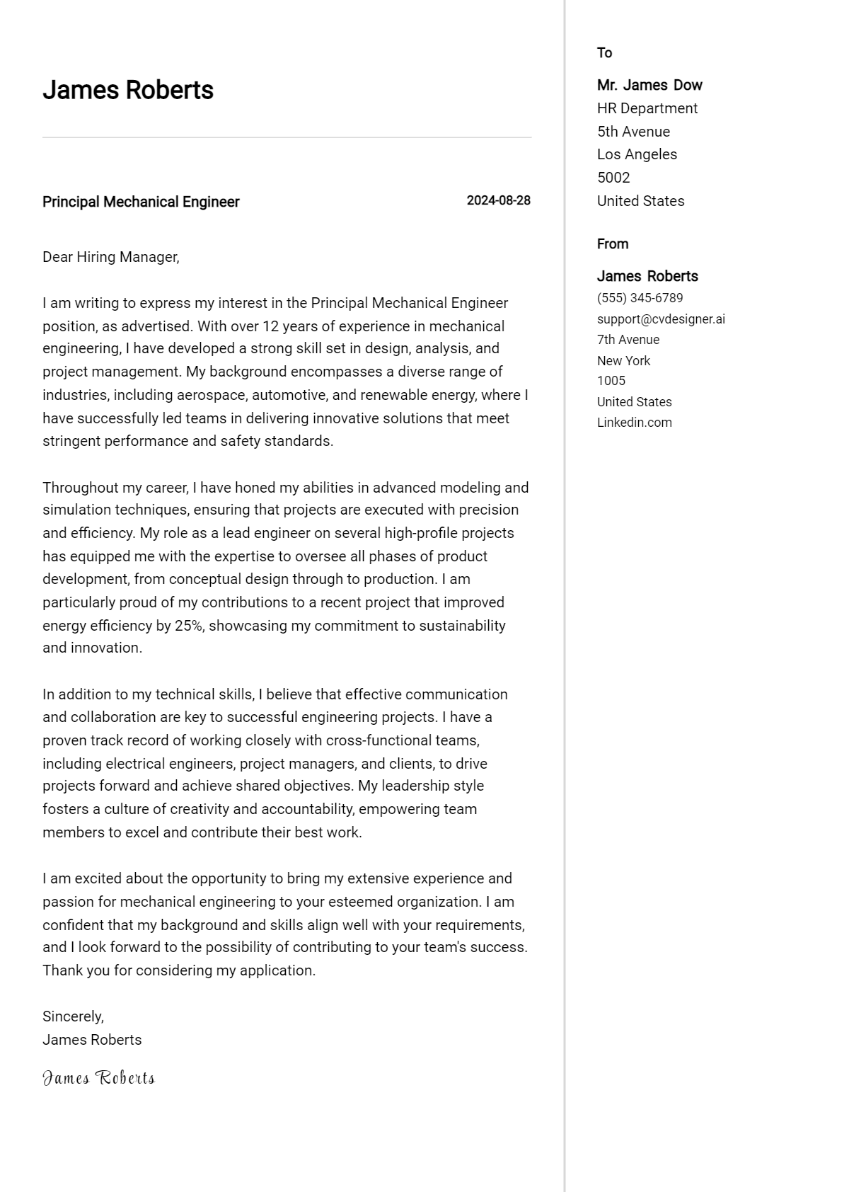 principal mechanical engineer cover letter example