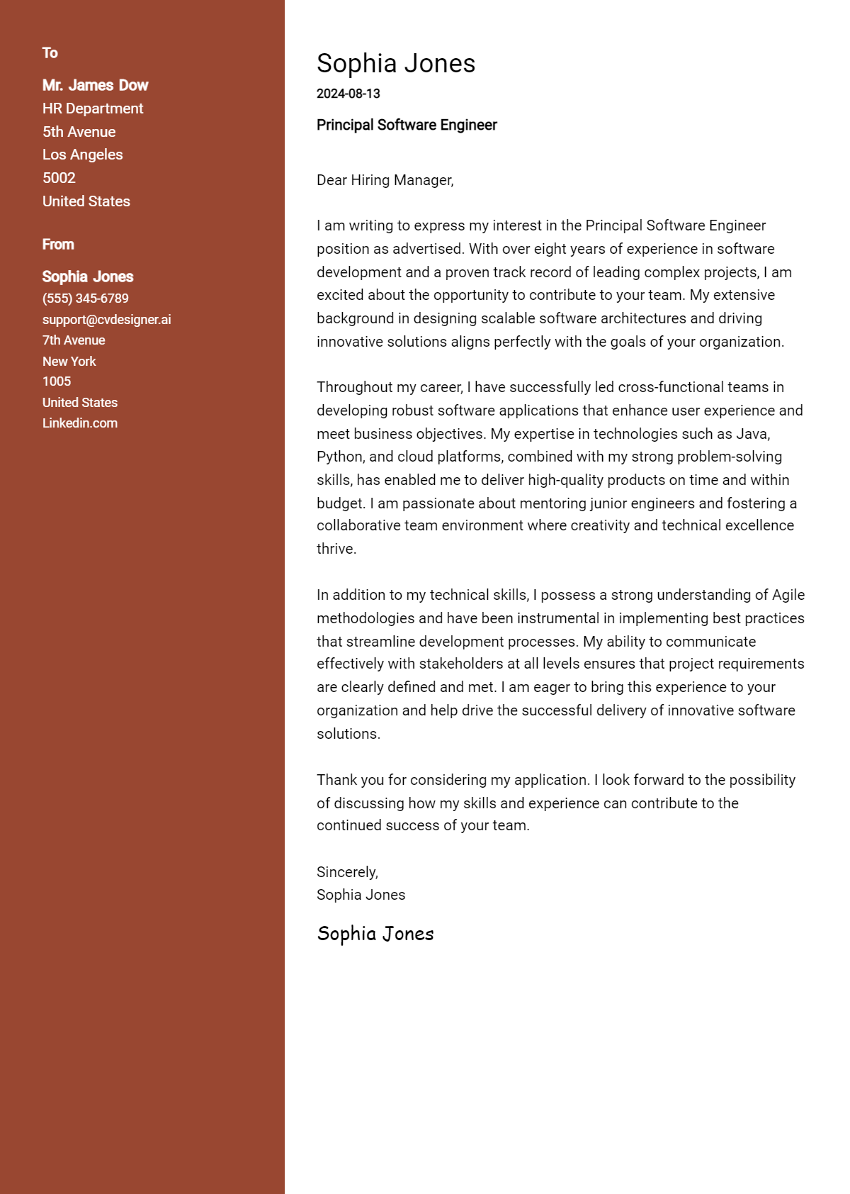 principal software engineer cover letter example