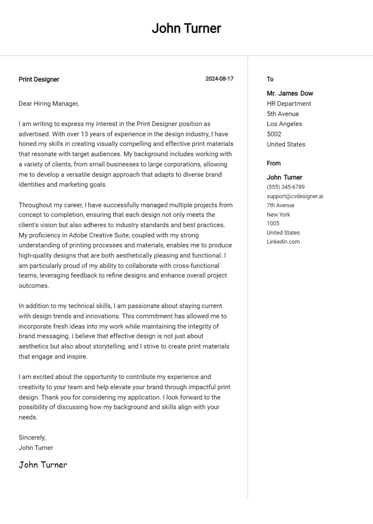Print Designer Cover Letter Example for 2025: Top CV Skills