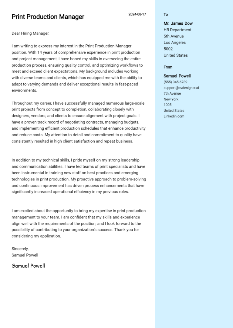 Print Production Manager Cover Letter Examples with Writing Tips for 2025