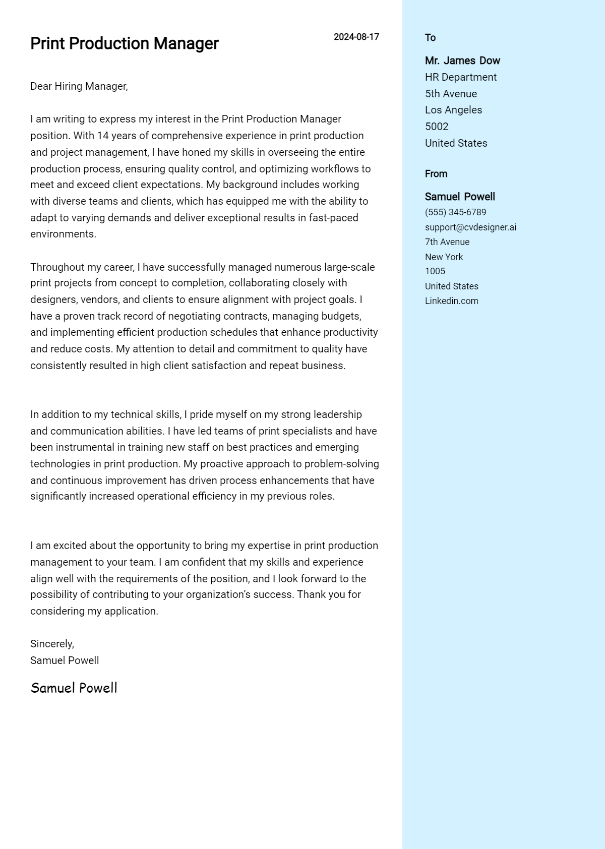 print production manager cover letter example