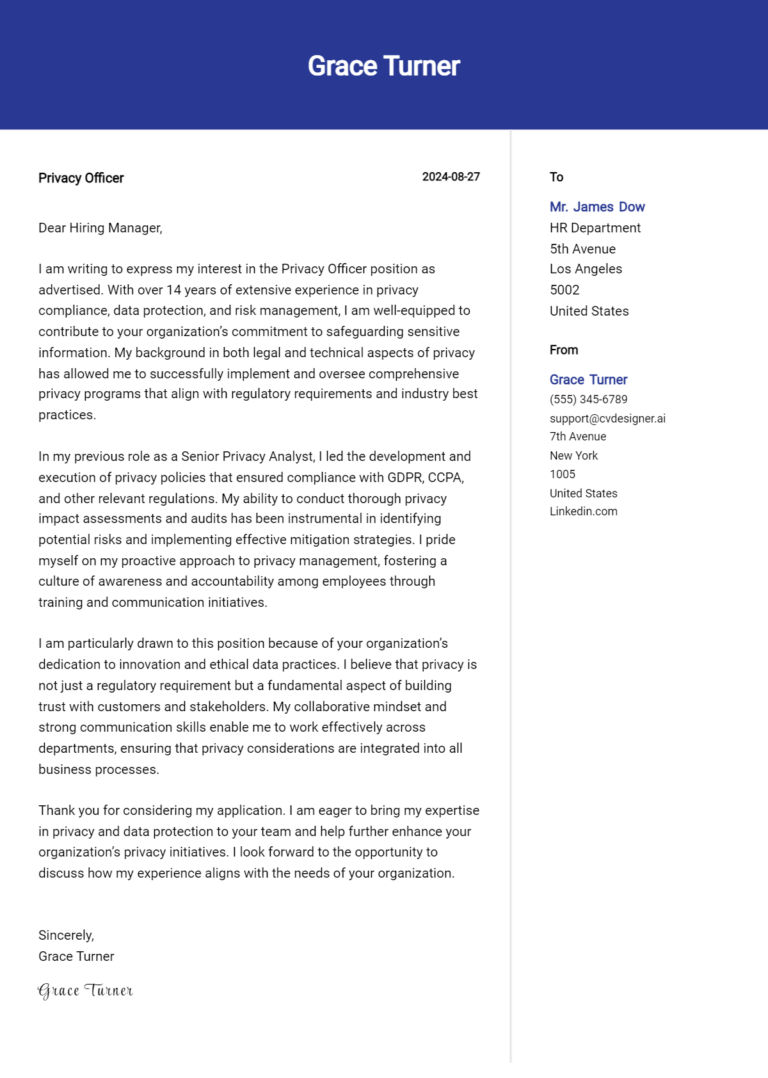 Privacy Officer Cover Letter Examples & Samples for 2025