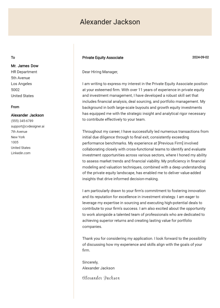Private Equity Associate Cover Letter Example for 2025 (Complete Writing Guide)