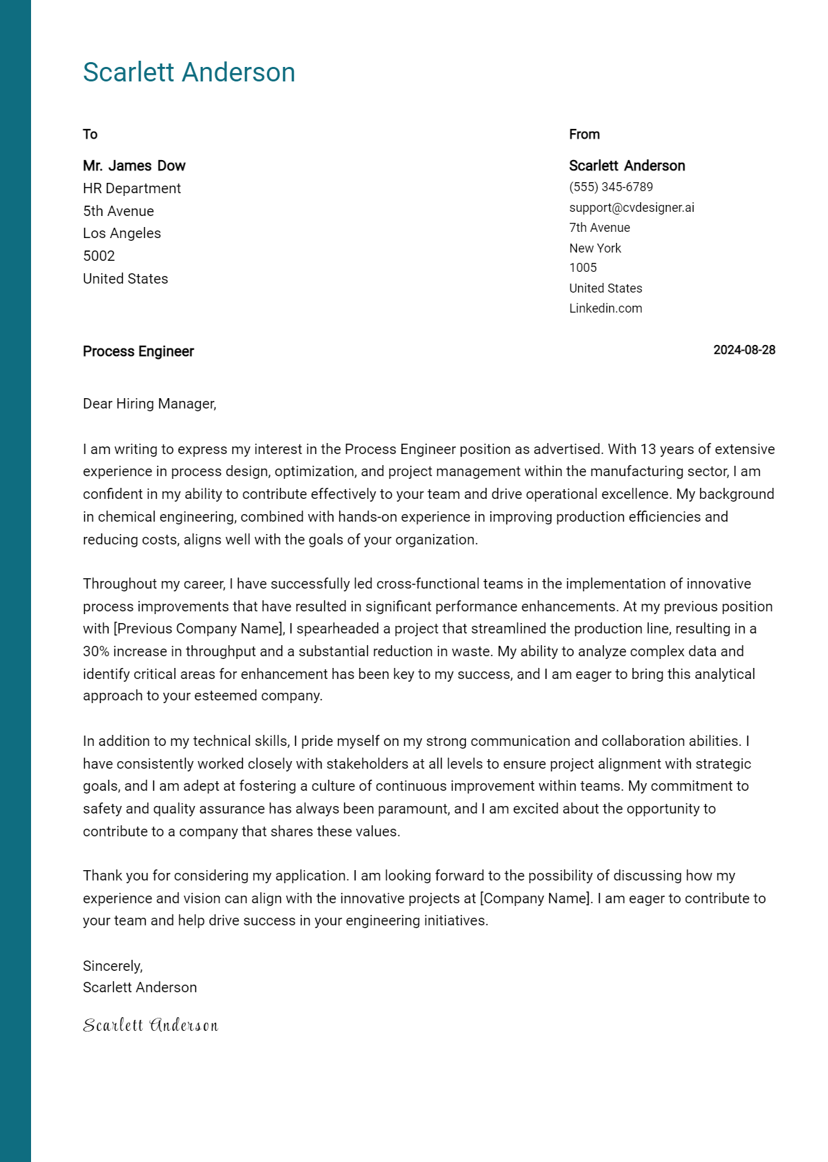 process engineer cover letter example