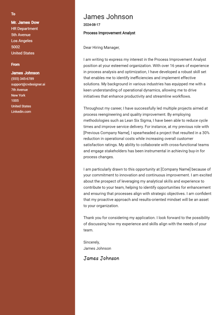 process improvement analyst cover letter example