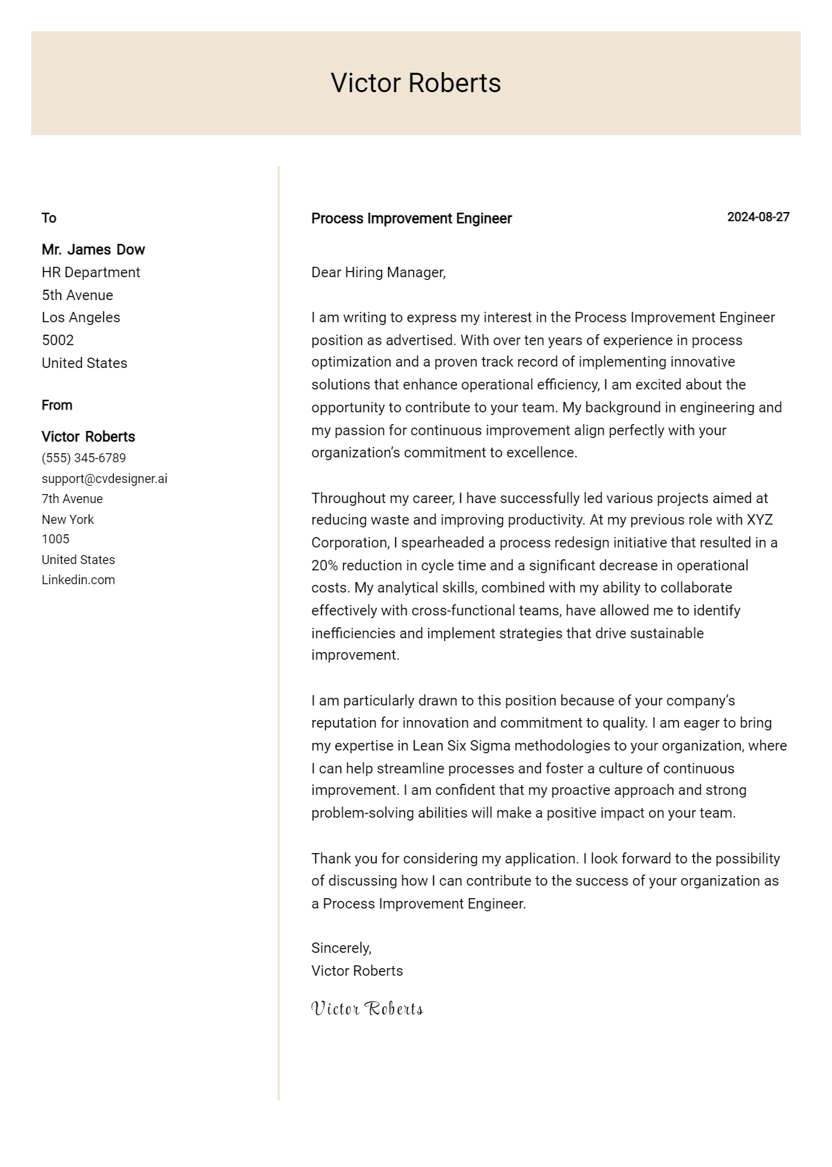 process improvement engineer cover letter example