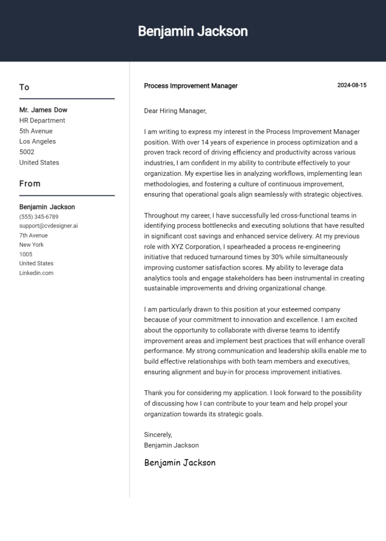 Process Improvement Manager Cover Letter Samples & Examples 2025