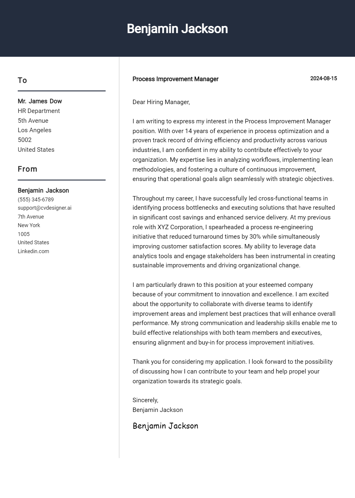 process improvement manager cover letter example
