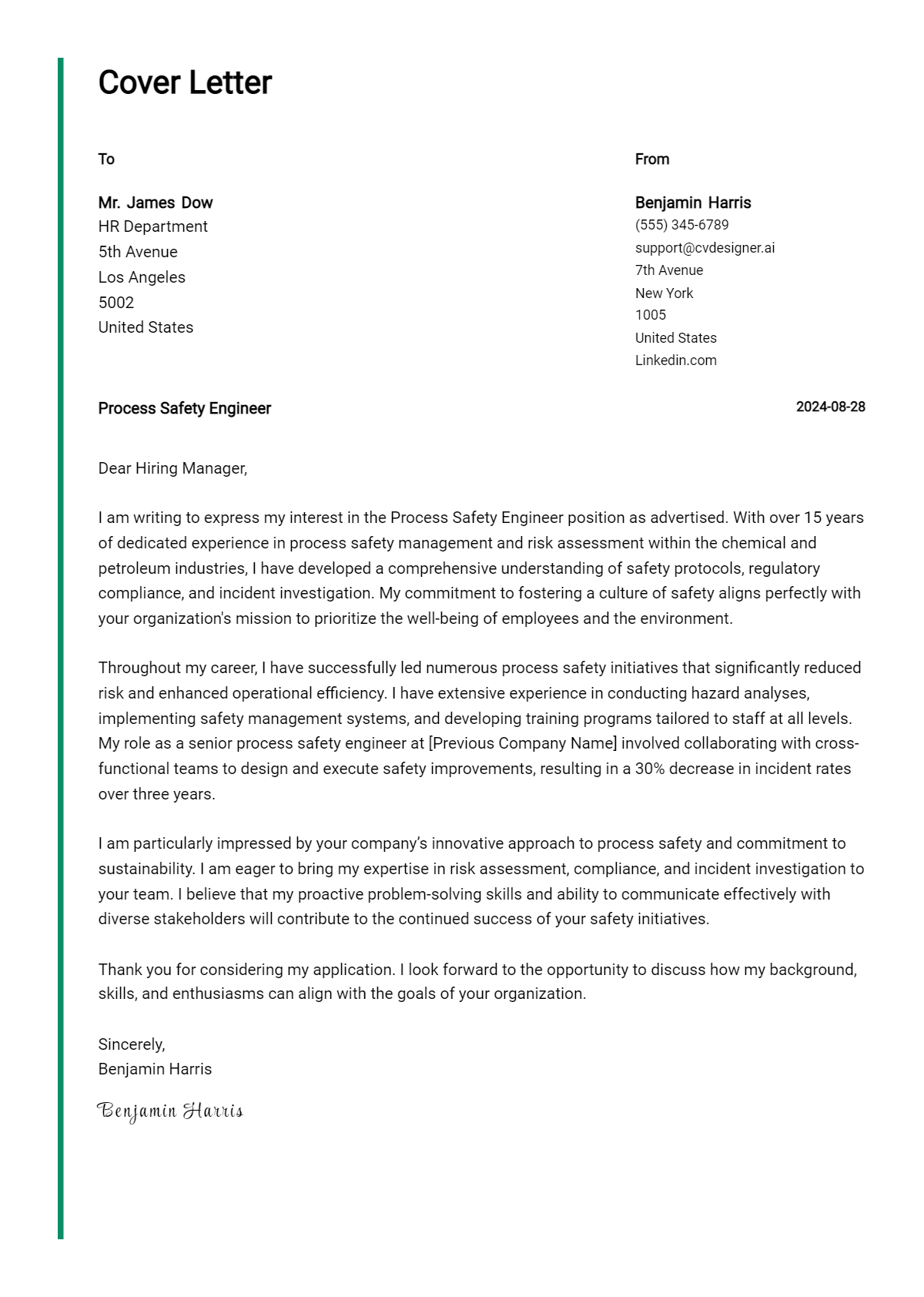 process safety engineer cover letter example