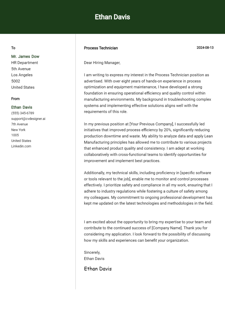 Process Technician Cover Letter Examples & Samples for 2025