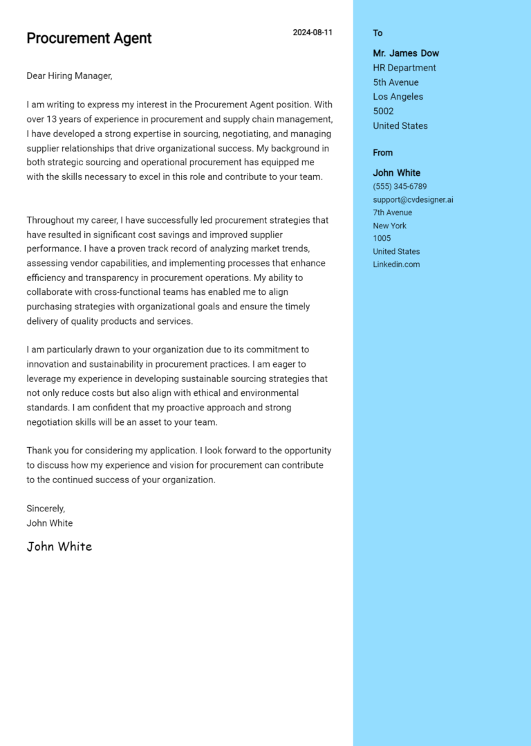 Procurement Agent Cover Letter Example for 2025 (Free Templates)