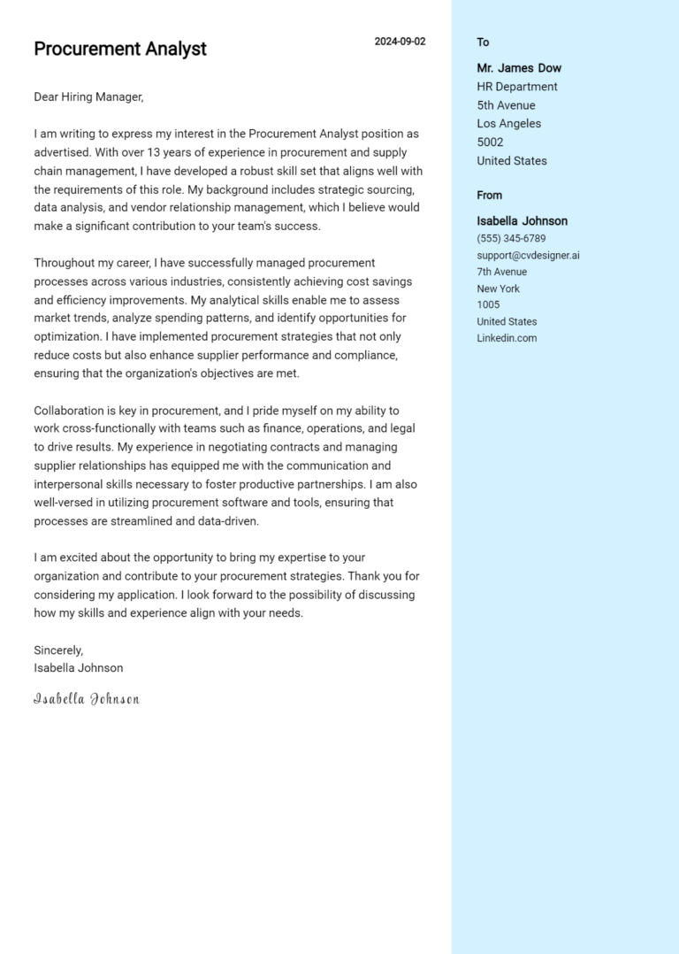 Procurement Analyst Cover Letter Examples with Writing Tips for 2025