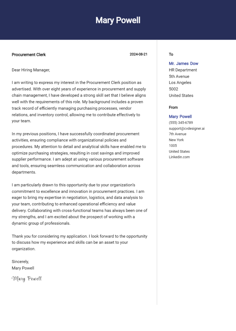 Procurement clerk Cover Letter Example for 2025 (Complete Writing Guide)